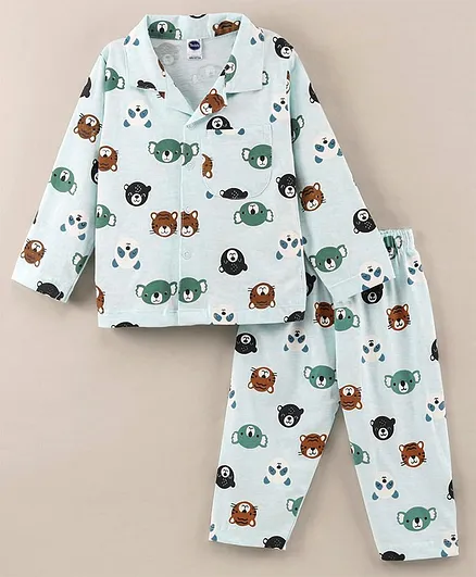 Teddy Cotton Full Sleeves Night Suit Animal Print- Green