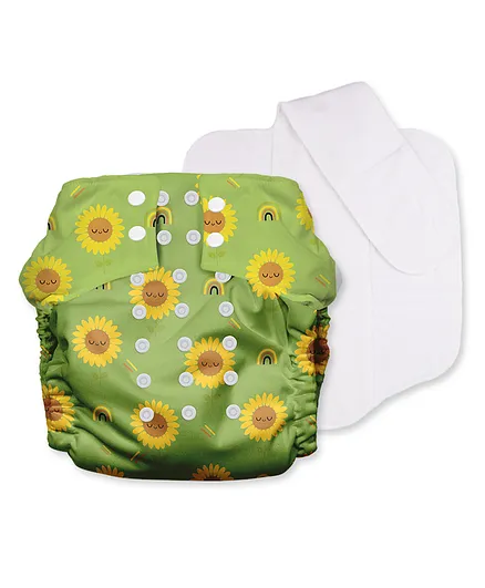 Mother Sparsh Free Size Plant Powered Cloth Diaper Sunflower Print - Green