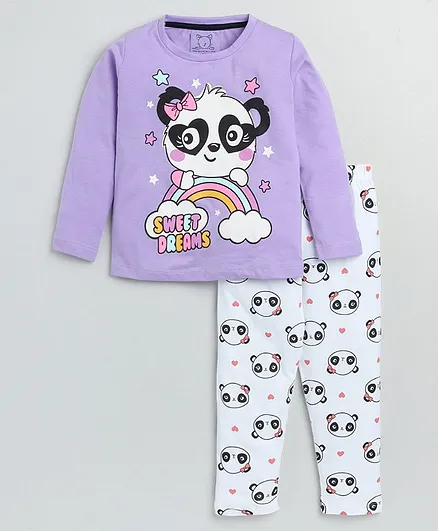 Little Marine Full Sleeves Sweet Dreams Panda Printed Night Suit - Purple