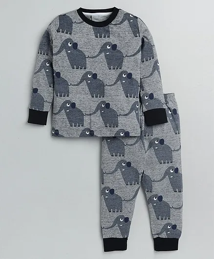 Little Marine Full Sleeves Elephant Print Night Suit - Grey