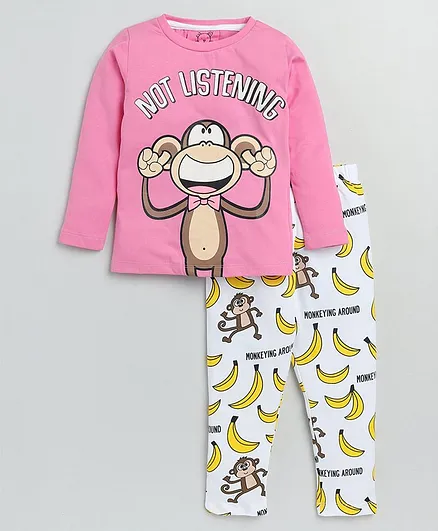 Little Marine Full Sleeves Monkey & Banana Printed Night Suit - Pink
