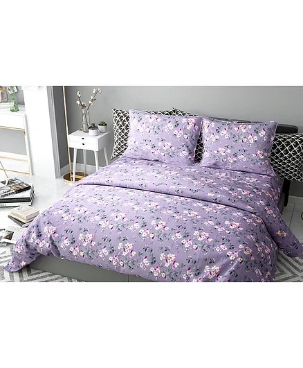 Haus & Kinder Chic Floral Art Cotton Double Bedsheet with 2 Pillow Covers - Violet