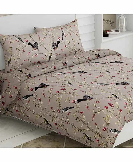 Haus & Kinder 100% Cotton Double Bedsheet King Size With 2 Pillow Covers Floral Print - Beige