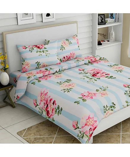 Haus & Kinder Cotton Eden Of Roses Printed Bedsheet With Pillow Covers  Blue