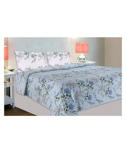 Haus & Kinder Cotton Victorian Summer Dream Printed Bedsheet With Pillow Covers -  Blue