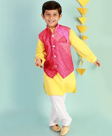 KID1 Full Sleeves Festive Theme Solid Kurta & Pyjama With Bandhani Detail Jacket Set - Yellow