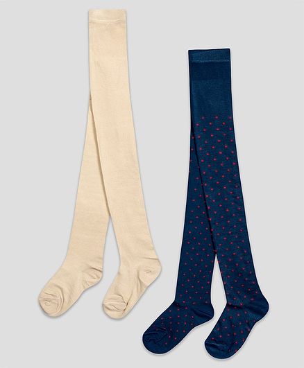 The Sandbox Clothing Co Pack Of 2 Pair Polka Dots Design Footie Stockings - Beige & Navy Blue