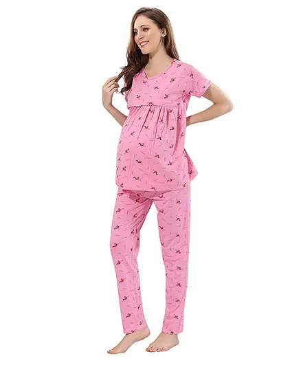 Fabme Half Sleeves Flamingos Printed Pre And Post Pregnancy Pyjama Set - Pink