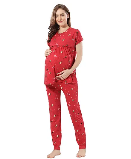 Fabme Half Sleeves Checkered And Hearts Printed Pre And Post Pregnancy Pyjama Set - Red