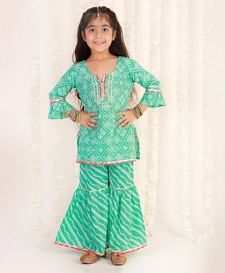 The Mom Store Three Fourth Bell Sleeves Bandhani & Leheriya Lace Embellished Kurta & Sharara Set - Teal Green
