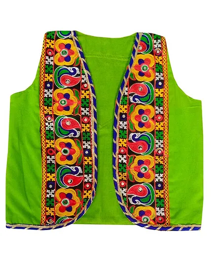 Aglare Sleeveless Garba & Navratri Theme Kutch Koti Embroidered & Mirror Embellished Gujarati Curved Hem Jacket - Green