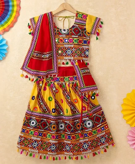 Banjara India Navratri Theme Short Sleeves Kutchi Embroidered Choli & Lehenga With Dupatta - Yellow & Multi Color