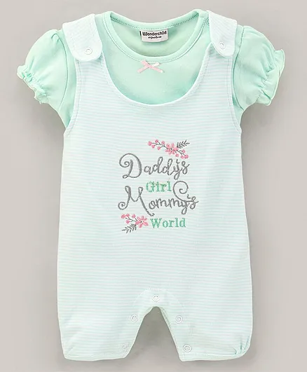 Wonderchild Half Sleeves Solid Top With Text Printed Solid Dungaree Set - Pista Green