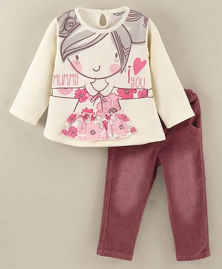 Wonderchild Full Sleeves Doll Printed Top With Corduroy Pant - Dull White & Pink