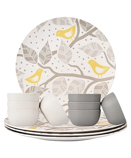Earthism Eco-Friendly Life Theme Bamboo Fibre 4 Dinner Plates and 8 Bowls Pack of 12 - Beige Grey