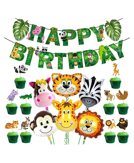 Zyozi Jungle Safari Happy Birthday Decoration Animal Birthday Decoration Green - Pack of 17