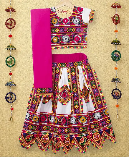 Banjara India Navratri Theme Half Sleeves Kutchi Embroidered Choli With Lehenga And Dupatta - White
