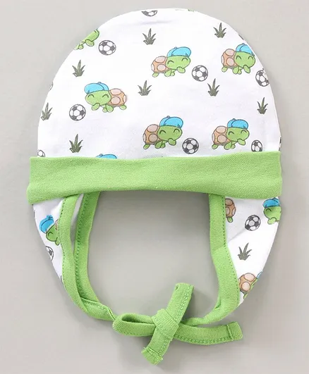 Babyhug 100% Cotton Tie Knot Cap Green Turtle Print - Diameter 16 cm