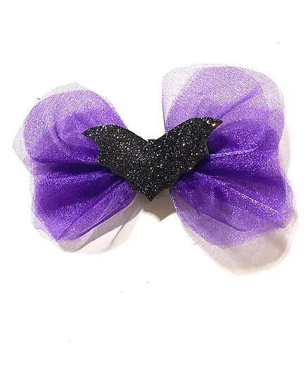 SKD Halloween Theme Bow & Bat Glitter Finish Embellished Hair Clip - Purple