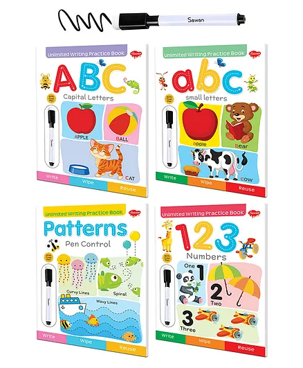 ABC Small Letters ABC Capital Letters 123 Numbers & Patterns Pen Control Reusable Wipe and Clean Books Pack of 4 - English