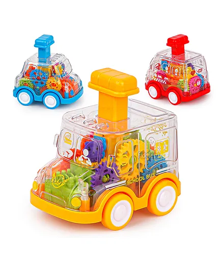 Fiddlerz Gear Friction Powered Press and Go Transparent Moving Gear Vehicle Toys for Kids (Pack of 3) (Multicolor)