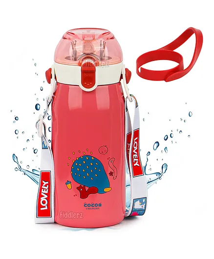 Fiddlerz Water Bottle For Kids Stainless Steel Double Walled Vacuum Insulated Stainless Steel Bottle Cartoon Design Hot and Cold Water Bottle Double Wall Thermos Flask with Straw (530 ml) (Magenta)