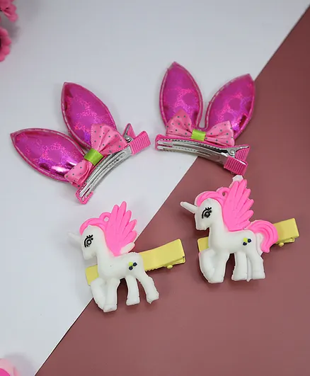 Kamule Set Of 4 Unicorn & Bow Emellished Bunny Hair Clip - White & Pink