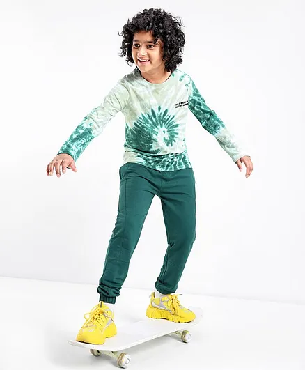 Pine Kids Full Sleeves Bio Washed Tie Dyed Crew Neck Sweatshirt & Lounge Pant - Green