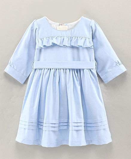 Rassha Full Sleeves Solid Gathered Dress With Bodice Frills Detail - Sky Blue