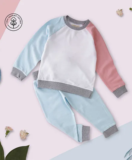 A Toddler Thing Organic Cotton Full Sleeves Colour Blocked Sweatshirt & Joggers Set  - Blue & Pink
