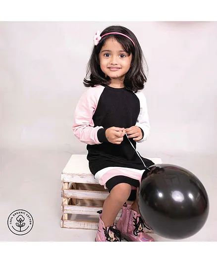 A Toddler Thing Organic Cotton Full Raglan Sleeves Colour Blocked T Shirt Dress - Black & WHite