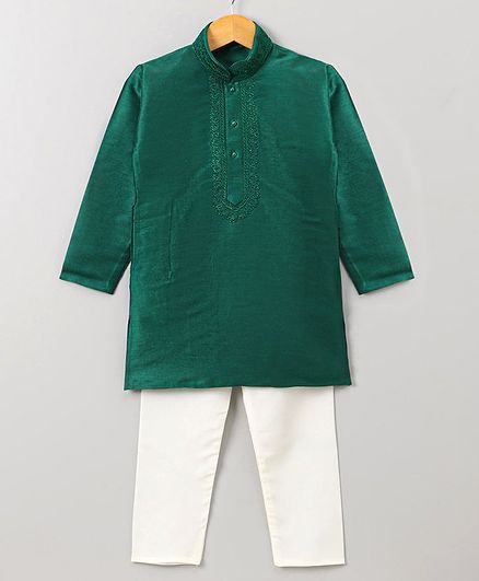 Ridokidz Full Sleeves Swirl Design Embroidered Kurta With Pyjama - Green