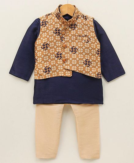 Ridokidz Full Sleeves Solid Kurta With Ethnic Motif Printed Jacket & Pyjama Set - Yellow & Navy Blue