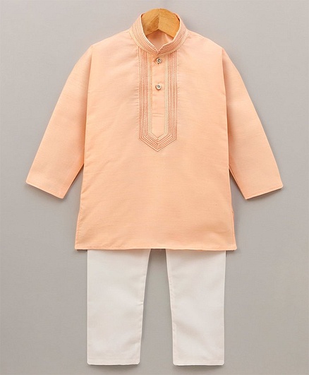 Ridokidz Full Sleeves Embroidered Placket Kurta & Pajama Set - Peach
