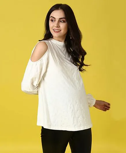 Momsoon Cold Shoulder Full Sleeves Solid Top - Off White