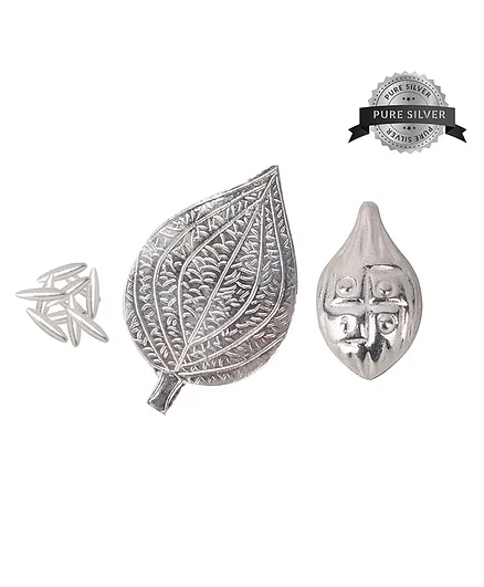 Dhruvs Collection 925 Pure Silver Combo of One Paan Ka Patta Nariyal & 11 Rice Grains for Home Decor Pooja Gift Purpose & Donation - Silver