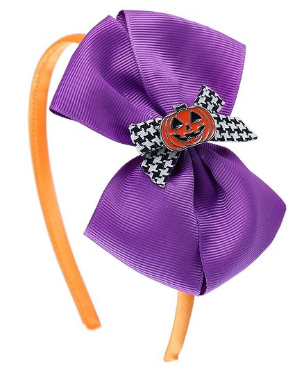 Asthetika Halloween Theme Jack O Lantern Bow Detail Hair Band - Orange & Purple