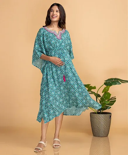 Bella Mama Soft Rayon Printed Kaftan with Embroidery - Green