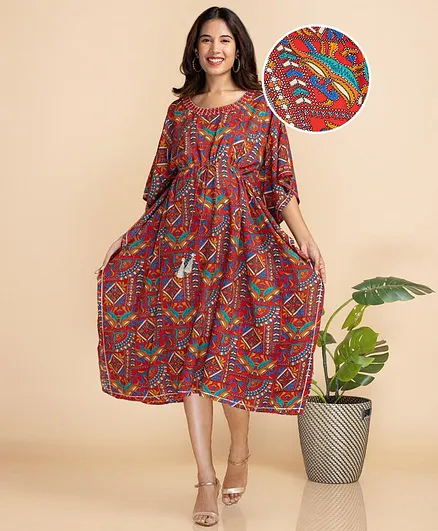 Bella Mama Soft Rayon Printed Kaftan with Embroidery - Red