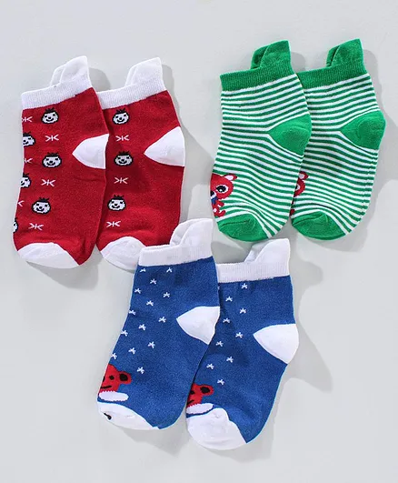 Spenta Cotton Blend Ankle Length Socks Panda Print Pack of 3 - Red Blue Green