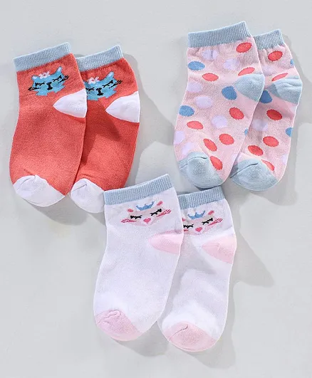 Spenta Cotton Blend Ankle Length Socks Cat Design Pack of 3 - Pink White Blue