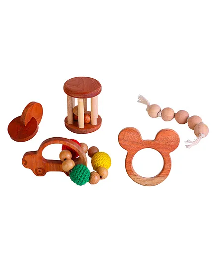 Taruh Kids Rolling Rattle Neem Teether Teething Bracelet Interlocking Discs Grasping Beads Giftset Pack Of 5 - Multicolor