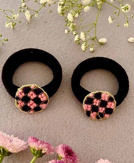 Kalacaree Set Of 2 Floral Embroidered Patch Hair Rubber Bands - Pink & Black