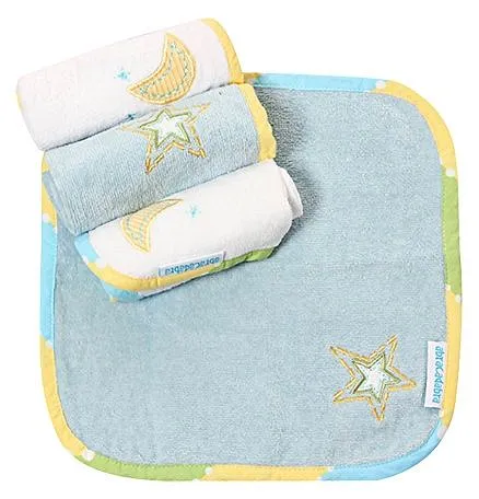 Abracadabra Wash Cloths Moona & Star Embroidery Pack of 4  - Blue White