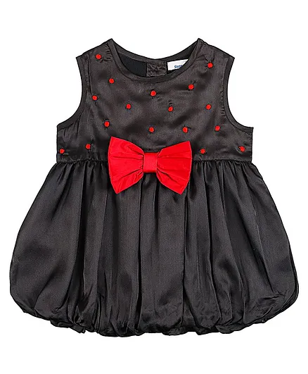 Shoppertree Sleeveless Tiny Pom Pom Detail & Bow Applique Gathered Dress - Black