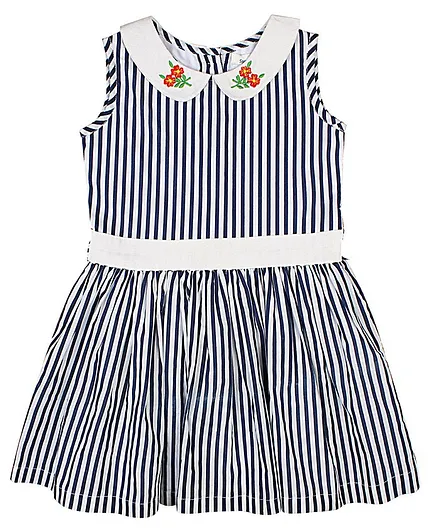 Shoppertree Sleeveless Floral Placement Embroidered & Striped  Dress - Blue