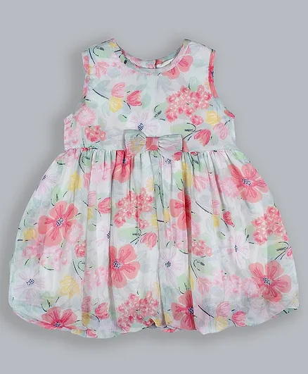 Shoppertree Sleeveless Floral Printed With Bow Applique & Gathered Dress - Multi Colour