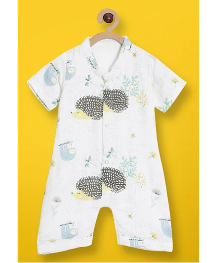 OOKA Baby Cotton Muslin Hedgehog Print Jumpsuit - White