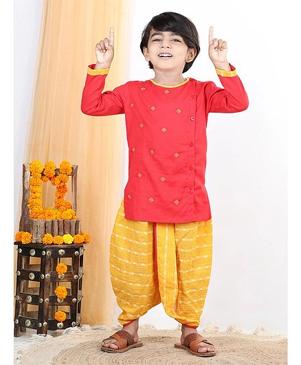 Kinder Kids Full Sleeves Motif Embroidered Kurta With Katha Printed Dhoti - Red
