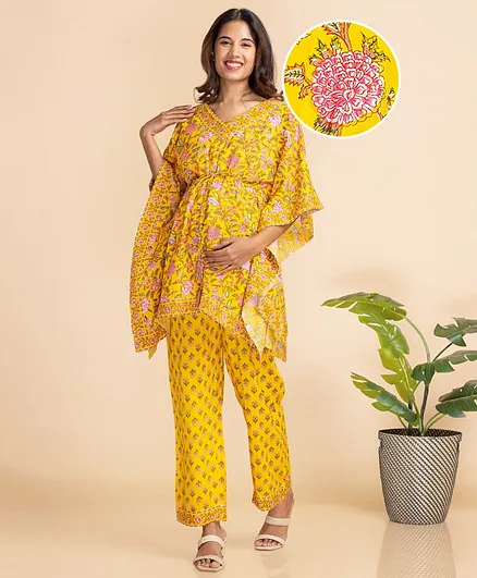 Bella Mama Half Sleeves Maternity Kaftan Set Floral Print - Yellow